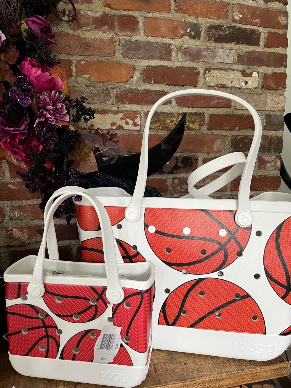 Bogg Bag White & orange Basketball Print Tote